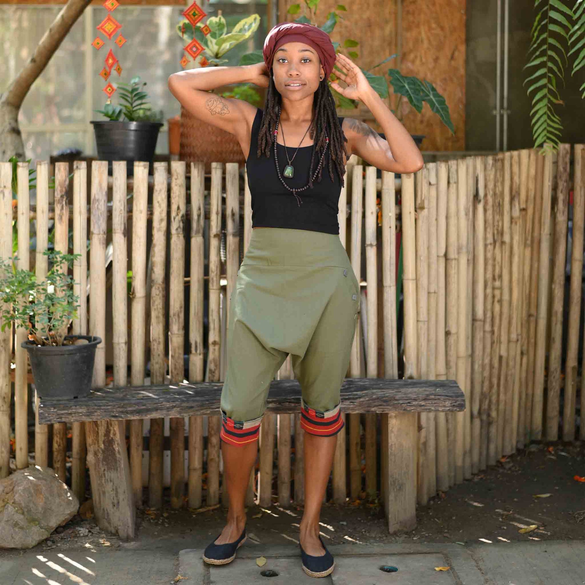 model-sm Kurze Boho Style Haremshose Auszeit Grün