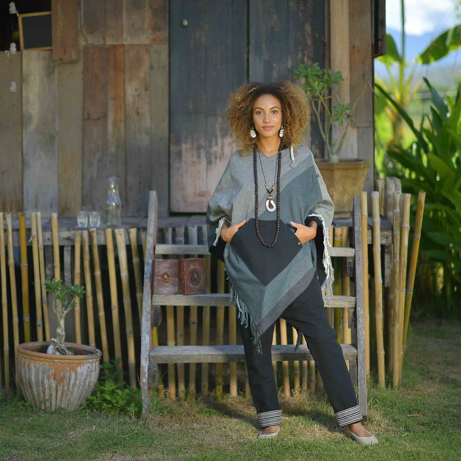 model-lxl Boho Poncho Herren und Damen Wanderlust Grau