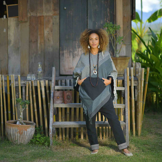 model-lxl Boho Poncho Herren und Damen Wanderlust Grau